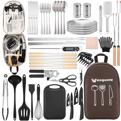 Camping Essentials Cookware Cooking Utensils Set - Portable Camp Kitchen Mess Kit Outdoor Accessories, Stainless Steel & Silicone, Camping Gear Equipment for RV Picnic Grill,Brown Pro | Stainless Steel & Silicone Mess Kit, Durable Outdoor Kitchen Gear for