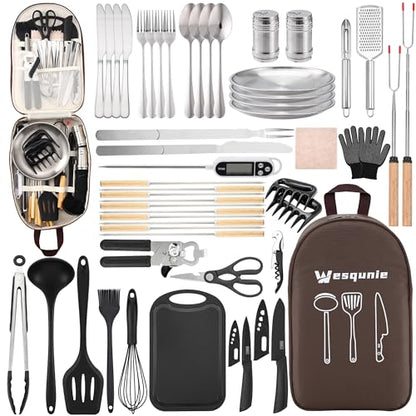 Camping Essentials Cookware Cooking Utensils Set - Portable Camp Kitchen Mess Kit Outdoor Accessories, Stainless Steel & Silicone, Camping Gear Equipment for RV Picnic Grill,Brown Pro | Stainless Steel & Silicone Mess Kit, Durable Outdoor Kitchen Gear for