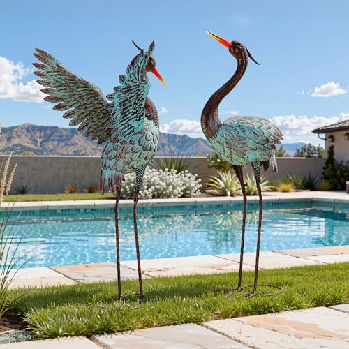 36.8" Blue Heron Decor, Metal Crane Statue Handcrafted | Extra-Large Garden Bird Animal Yard Art, Lawn Ornament Decor, Stable U-Ground Stakes, Backyard Decoration - color: 36" -Distressed Patina Green