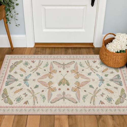 Light Pink Washable Bathroom Rug - 2x4 Small Kitchen Rugs for Powder Room, Front Door Indoor Entrance, Low Pile Stain Resistant, Colorful Pastel Aethestic - color: Beige Pink, size: 2' x 4' (Rectangular)