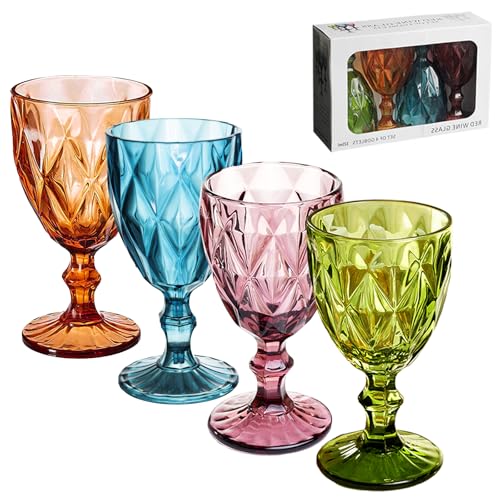 Vintage Wine Glasses Set of 4, Plastic Reusable 12 Ounce Colored Water Goblets, Unique Embossed Pattern Unbreakable Stemmed Wine Glasses, High Clear Wedding Party Bar Drinking Cups Multicolor - color: Multicolor, size: 4 Pcs