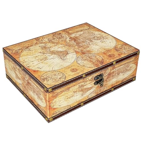 Vintage Wooden Storage Box - Treasure Chest Themed Gift, Keepsake Box for Trinkets, Jewelry, Mementos - Global Decor (Map/Yellow, Medium) - color: Map/Yellow, Medium