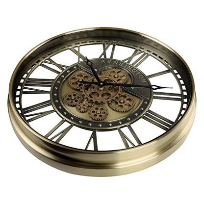 21" Metal Roman Numeral Wall Clock with Moving Gears, Gold | SIilent Non Ticking, Aluminum Dial, Unique Modern Wall Clocks for Living Room, Dinning Room, Entryway & Home Office - color: Roman Brass Gold, size: 21"
