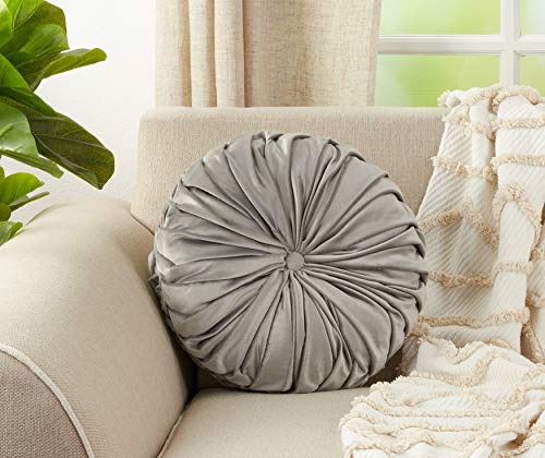 SARO LIFESTYLE Round Velvet Pintucked Poly Filled Throw Pillow - color: Blue-grey, size: 1 Count (Pack of 1)