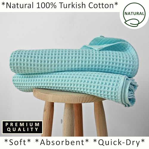 PÜSKÜL 2-Piece Natural 100% Turkish Cotton Waffle Bath Towels Extra-Large | Turquoise, 32x63" Bath Sheet Towel, Light Soft Absorbent Quick-Dry Lint-Free Premium Honeycomb Weave Oeko-Tex Made in Turkiye - color: Turquoise