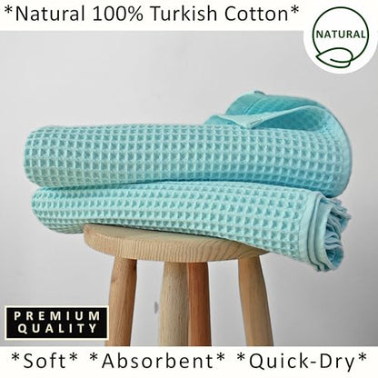 PÜSKÜL 2-Piece Natural 100% Turkish Cotton Waffle Bath Towels Extra-Large | Turquoise, 32x63" Bath Sheet Towel, Light Soft Absorbent Quick-Dry Lint-Free Premium Honeycomb Weave Oeko-Tex Made in Turkiye - color: Turquoise