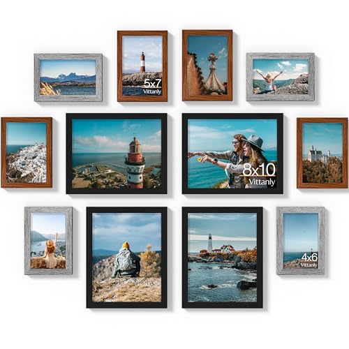 Vittanly 12 Pack Gallery Wall Frame Set, Black, Walnut Brown, Grey | Gallery Wall Frame Set: 4pcs 8x10, 4pcs 5x7 & 4pcs 4x6 Photos for Wall & Table, Picture Frames made of Engineered Wood - color: Black & Walnut Brown & Grey