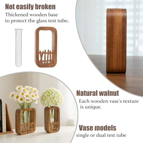 Walnut Wood Terrarium Planter - 2 Glass Test Tube Vase & Boho Plant Stand for Hydroponics, Home Office Desk Decor, Unique Housewarming Birthday Gifts for Women Plant Lovers - size: Double Tube