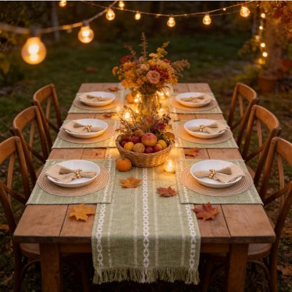 Boho Table Runner and Placemats Set of 6, Modern Farmhouse Dining Table Setting Decor with 1pcs Runner, 12pcs Mats, 6pcs Napkins, 6pcs Wood Bead Rings for Kitchen Party