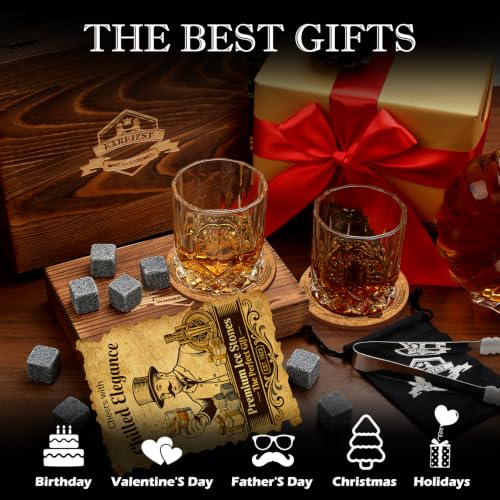 Whiskey Stones Gift for Men, Whiskey Glasses Set of 2 with Premium Wood Box | 8 Granite Chilling Whiskey Rocks, Scotch Bourbon Gifts for Men Him Dad Husband Boss, Ideal for Fathers Day, Birthday, Holiday - style: Straight Glasses+Granite Stones