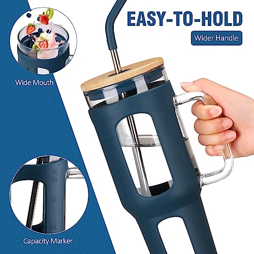 WINSA Glass Tumbler with Lid and Straw, 46 oz, Blue | Iced Coffee Cup with Handle, Large Water Bottle with Silicone Sleeve, Pearl Straw & Drinking Straw, BPA Free - color: Blue, size: 46 Ounces