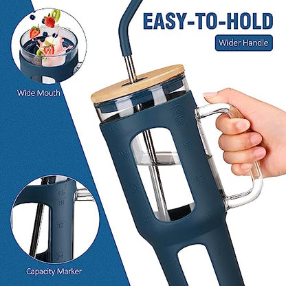 WINSA Glass Tumbler with Lid and Straw, 46 oz, Blue | Iced Coffee Cup with Handle, Large Water Bottle with Silicone Sleeve, Pearl Straw & Drinking Straw, BPA Free - color: Blue, size: 46 Ounces