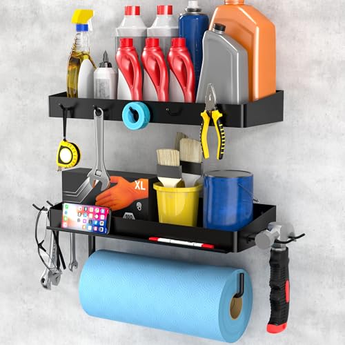 Taozun Garage Paper Towel Holder, 2 Pack Garage Organization, 12" Paper Towel Holder, Shop Shelf Wall Mount with 8 Hooks for Tool Room(Black) - style: TH003