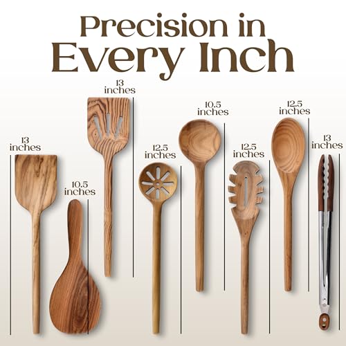 SANJH Teak Wooden Utensil Set for Cooking - 8 Piece Teak Wooden Spoons Set | Spatula Scraper Pasta Spoon Rice Paddle Tongs, Smooth Sanded Finish, Comfortable Grip Handles, Gentle on Cookware
