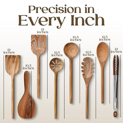 SANJH Teak Wooden Utensil Set for Cooking - 8 Piece Teak Wooden Spoons Set | Spatula Scraper Pasta Spoon Rice Paddle Tongs, Smooth Sanded Finish, Comfortable Grip Handles, Gentle on Cookware
