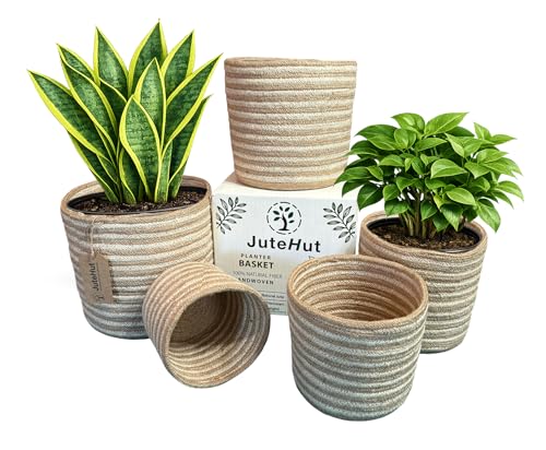 Planter Basket Set – 5-Piece Handwoven Jute Planter Basket for Home Decor, Nursery, or Indoor Plants (5'' to 8'' Diameter, 4.75'' to 7.75'' Height) – Wrinkle Free - Natural Beige with White Stripes - color: Natural Beige With White Stripes