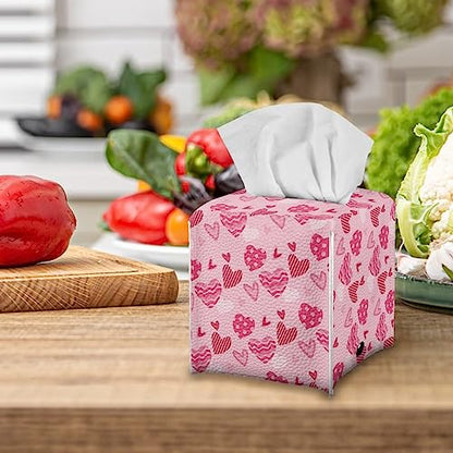 Heart Print Square Tissue Box Cover Pu Leather Tissue Holder Facial Paper Cover Waterproof Easy to Install Toilet Paper Holder for Bathroom Bedroom - color: Heart