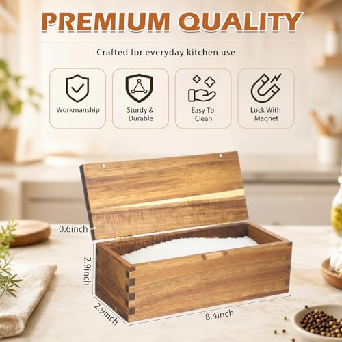 Acacia Wood Salt Cellar Spice Box with Magnetic Lid 29oz Large Capacity Salt Organizer 1 Compartments for Kitchen Countertop, Pepper, Seasonings, Spices, Grilling & Cooking - color: Acacia Wood, style: 1 Compartments