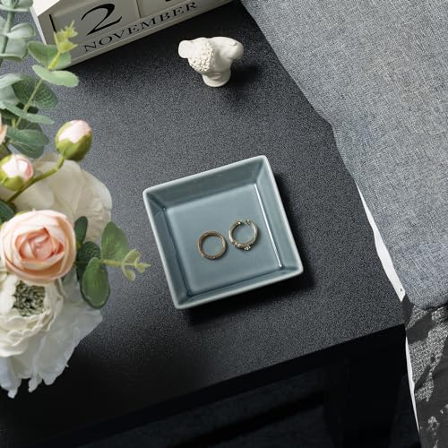 Ceramic Trinket Dish, Small Jewelry Ring Tray, Blue | Glazed ceramic jewelry tray. Stores rings, earrings, necklaces, bracelets. Easy to clean. Perfect for vanity and entryway. - color: Blue Surface