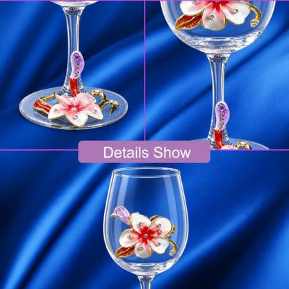 Comeon Flower Wine Glasses Hand Painted Wine Glasses Pink 2 Set | Handmade Enamels Pink Floral Design, Gift Box, Long Stem Crystal Red Wine Glasses, Transparent Glass - color: Pink/ 2 set (gift box)