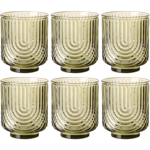 Green Vintage Drinking Glasses Set of 6-15oz Hand-Blown Highball Ribbed Glassware, Arch Design Cocktail Glasses for Whiskey Water Beverages Ice Coffee Juice Milk - color: Green, size: 15oz