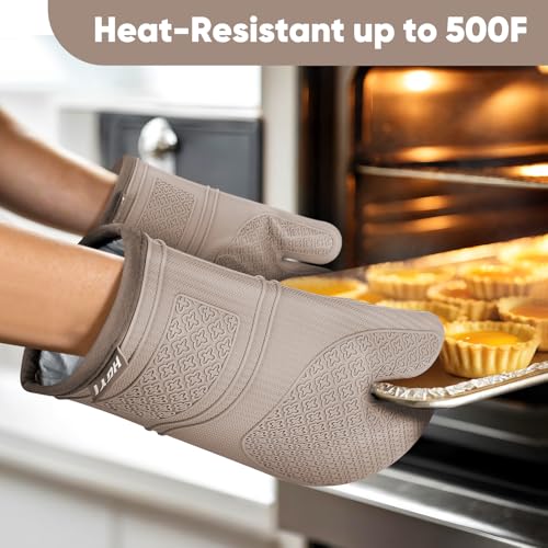Silicone Oven Mitts, Heat Resistant Oven Gloves with Quilted Liner, Waterproof & Non-Slip Kitchen Mittens for Baking Cooking BBQ, 500°F, 12.5"-Milkshake Beige - color: Milkshake Beige