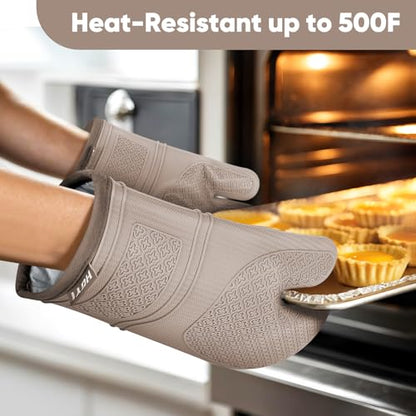 Silicone Oven Mitts, Heat Resistant Oven Gloves with Quilted Liner, Waterproof & Non-Slip Kitchen Mittens for Baking Cooking BBQ, 500°F, 12.5"-Milkshake Beige - color: Milkshake Beige