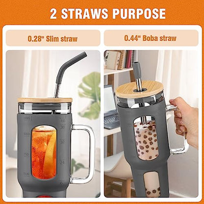 WINSA Glass Tumbler with Lid and Straw, Grey, 46 oz | Iced Coffee Cup with Handle, Large Water Bottle with Silicone Sleeve, Pearl Straw & Drinking Straw, BPA Free - color: Gray, size: 46 Ounces