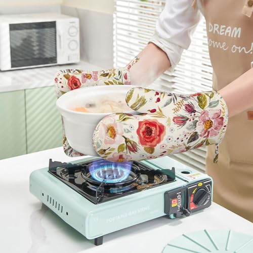 Wildflowers Floral Oven Mitts Pot Holders Set Silicone Heat Resistant Botanical Floral Oven Mitts and Hot Pads Potholders Non-Slip Oven Gloves for Cooking Baking Grilling BBQ - color: Red Green Beige