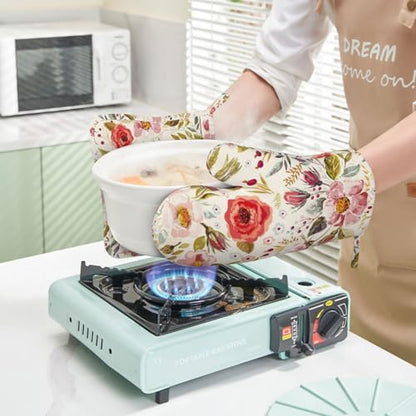 Wildflowers Floral Oven Mitts Pot Holders Set Silicone Heat Resistant Botanical Floral Oven Mitts and Hot Pads Potholders Non-Slip Oven Gloves for Cooking Baking Grilling BBQ - color: Red Green Beige