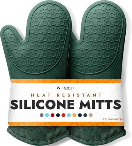 BPA-Free Silicone Oven Mitts Ultra Heat Resistant up to 500°F - Oven Mitts with Thick Cotton Liner - Long Slip Resistant Pot Holders, Flexible Oven Gloves - Green 13.7" - color: Green, size: 2-Piece 13.7" Oven Mitts