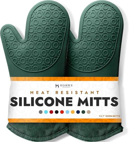 BPA-Free Silicone Oven Mitts Ultra Heat Resistant up to 500°F - Oven Mitts with Thick Cotton Liner - Long Slip Resistant Pot Holders, Flexible Oven Gloves - Green 13.7" - color: Green, size: 2-Piece 13.7" Oven Mitts