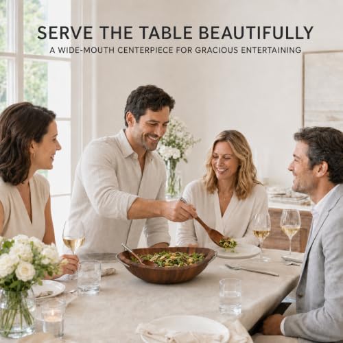 nambe Braid Salad Bowl with Servers | 3-Piece Set | Large Wooden Serving Bowl for Caesar Salad, Large Salads | Big Salad Bowl with Serving Utensils | Made of Chrome & Acacia Wood (20” L x 16” W)