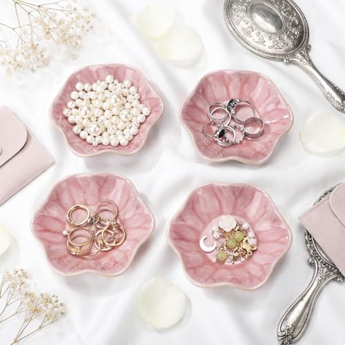 4 Pack Small Jewelry Dish Ceramic Trinket Holder Tray for Rings Earrings Key Bowl Women Mother's Day Wedding Gift(Pink) - color: Pink, style: Ceramic