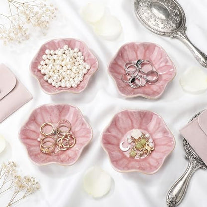 4 Pack Small Jewelry Dish Ceramic Trinket Holder Tray for Rings Earrings Key Bowl Women Mother's Day Wedding Gift(Pink) - color: Pink, style: Ceramic