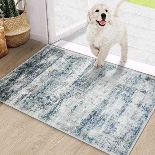 COMSLE Door Mat, Front Door Rug Indoor for Entrance Faux Wool Absorbent Non Slip Modern Throw Rug for Entryway Hallway Muddy Paws - Pet Friendly, 20x32 Inches,Worn Blue Machine Washable - color: Worn Blue, size: 1'8" x 2'8" (Rectangular)
