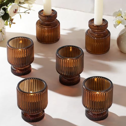 6 Pcs Amber Candlestick Holders - Glass Taper Candle Holders Tealight Votive Candle Holders for Table Centerpieces, Wedding, Dinner Party, Home, Gifts - color: Amber, size: 6Pcs