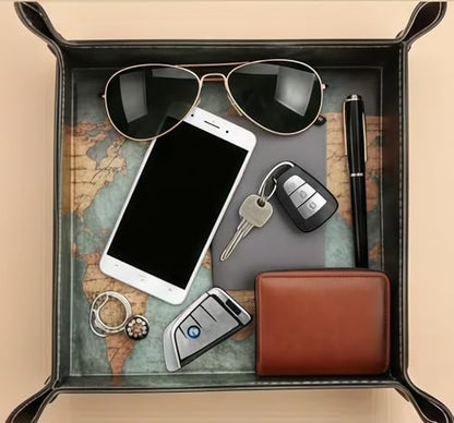 Valet Tray Desktop Storage Organizer, Vegan Leather Catchall Bedside Vanity Tray Nightstand Caddy Holder for Remote Controller, Watch, Keys, Phone, Wallet, Sunglasses, Jewelry - Map - color: Map Design