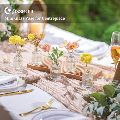 Glasseam Glass Bud Vases for Centerpieces: 12 Pcs Ribbed Small Flower Vases | Clear, Mini 3.7", Cute Table Centerpieces, Wedding Party, Baby Shower, Bridal Florist, Mini Home Decor, Living Room, Kitchen