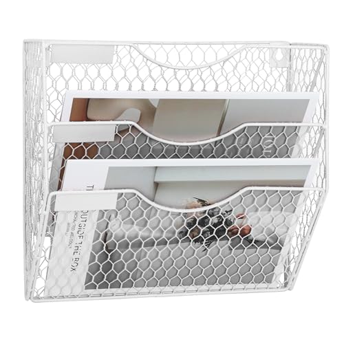 Mail Organizer Wall Mount Hanging File Holder Storage, Metal Chicken Wire Magazine Rack 3 Tier, White - color: White, size: 3 Tier