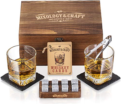 Mixology & Craft Whiskey Stones Gift Set – Includes Two 10oz Crystal Whiskey Glasses, 8 Granite Chilling Rocks, Slate Coasters, Metal Tongs, Cocktail Recipe Cards, Elegant Wooden Storage Box - size: Dark Latch Crate