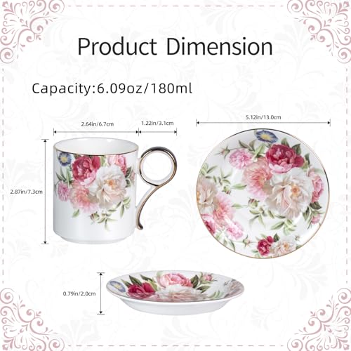 KAMMAK Tea Cups and Saucers Set of 2, Porcelain Coffee Cups, JBE014 | Stackable Espresso Mugs, Ceramic Demitasse for Coffee, Cappuccino, Latte, Americano, Tea - size: 8CZJBE014