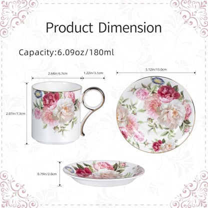 KAMMAK Tea Cups and Saucers Set of 2, Porcelain Coffee Cups, JBE014 | Stackable Espresso Mugs, Ceramic Demitasse for Coffee, Cappuccino, Latte, Americano, Tea - size: 8CZJBE014
