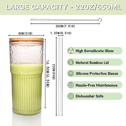 ANOTION 2Pcs 22 oz Iced Coffee Cups Drinking Glasses Iced Coffee Cup | Reusable Smoothie Cup Glass Tumbler Water Glasses Ribbed Glassware - color: Pink Lids