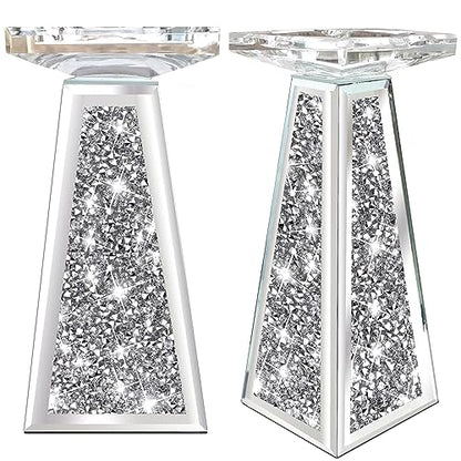 Wocred 2 Piece Candlestick Holders for Holding Pillar Candles, Crystal Crushed Diamond Candle Holders Set Decor for Dinning Room, Silver Glass Votive Candle Holders for Table Centerpiece(8”) - size: 8 Inch Diamond Silver