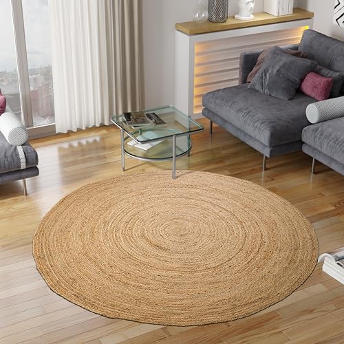 Hausattire Jute Braided Round Rug, Natural, 5 ft | 100% natural jute, hand woven, reversible, boho farmhouse style, entryway/kitchen/living room use - color: Natural, size: 5' (Round)