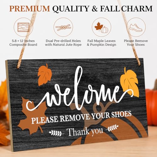 Welcome Please Remove Your Shoes Wooden Door Sign, 12x5 Inch Rustic Entryway Hanging Decor for Front Porch Farmhouse Home -A02