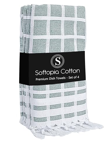 Matrix Dobby Kitchen Towels 4 Pack, 100% Cotton, 16x26 Inches, Reusable Dish Towels with Handmade Tassels, Washable Absorbent Tea Cloths for Cleaning, Cooking - Forest Green, White - color: Pixel Grid, Forest Green, size: 16 X 26 - 4 Pack