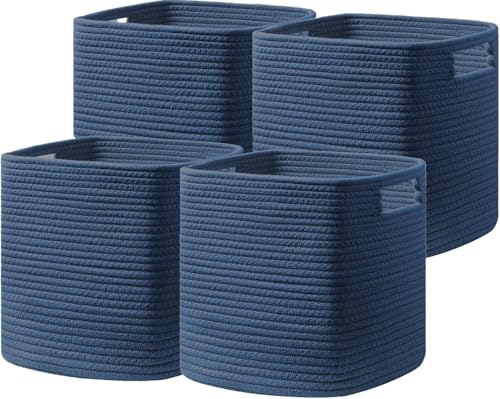 UBBCARE Set of 4 Cotton Rope Basket 12 X 12 X 12 Inches, Woven Storage Baskets for Shelves, Organizing with Handles, Cube Storage Bins for Storage Books, Magazines, Navy Blue - color: Navy Blue, size: 4Pack-12 X 12 X 12 Inch