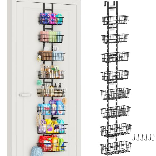 Hongtamoya 8 Tier Over The Door Organizer, Adjustable Hanging Door Organizer with 8 Wire Baskets 6 Hooks, Behind The Door Storage for Pantry Closet Bedroom Bathroom Cabinet Kitchen Laundry Room, Black - color: Black, size: 8-Tier